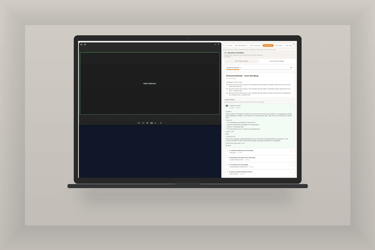 Togever live session on a laptop, showing video call with lesson plan and context panel