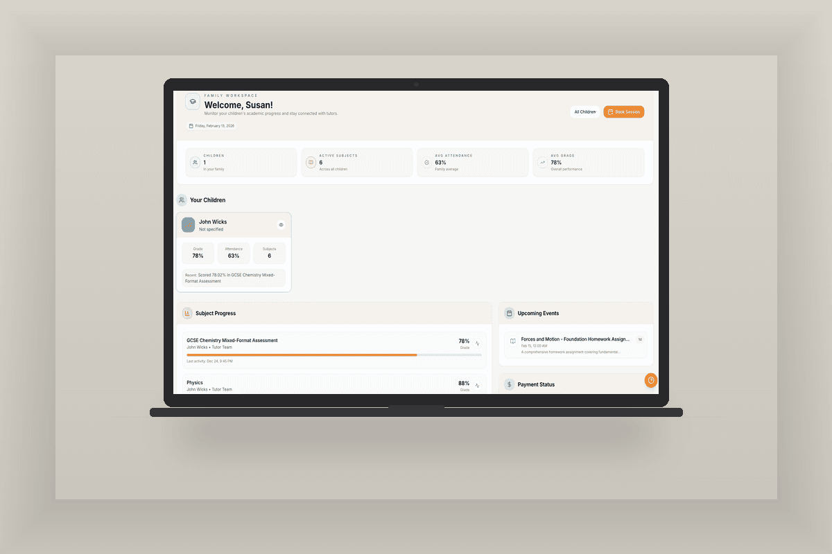 Togever parent portal on a laptop, showing child progress, grades, and upcoming events